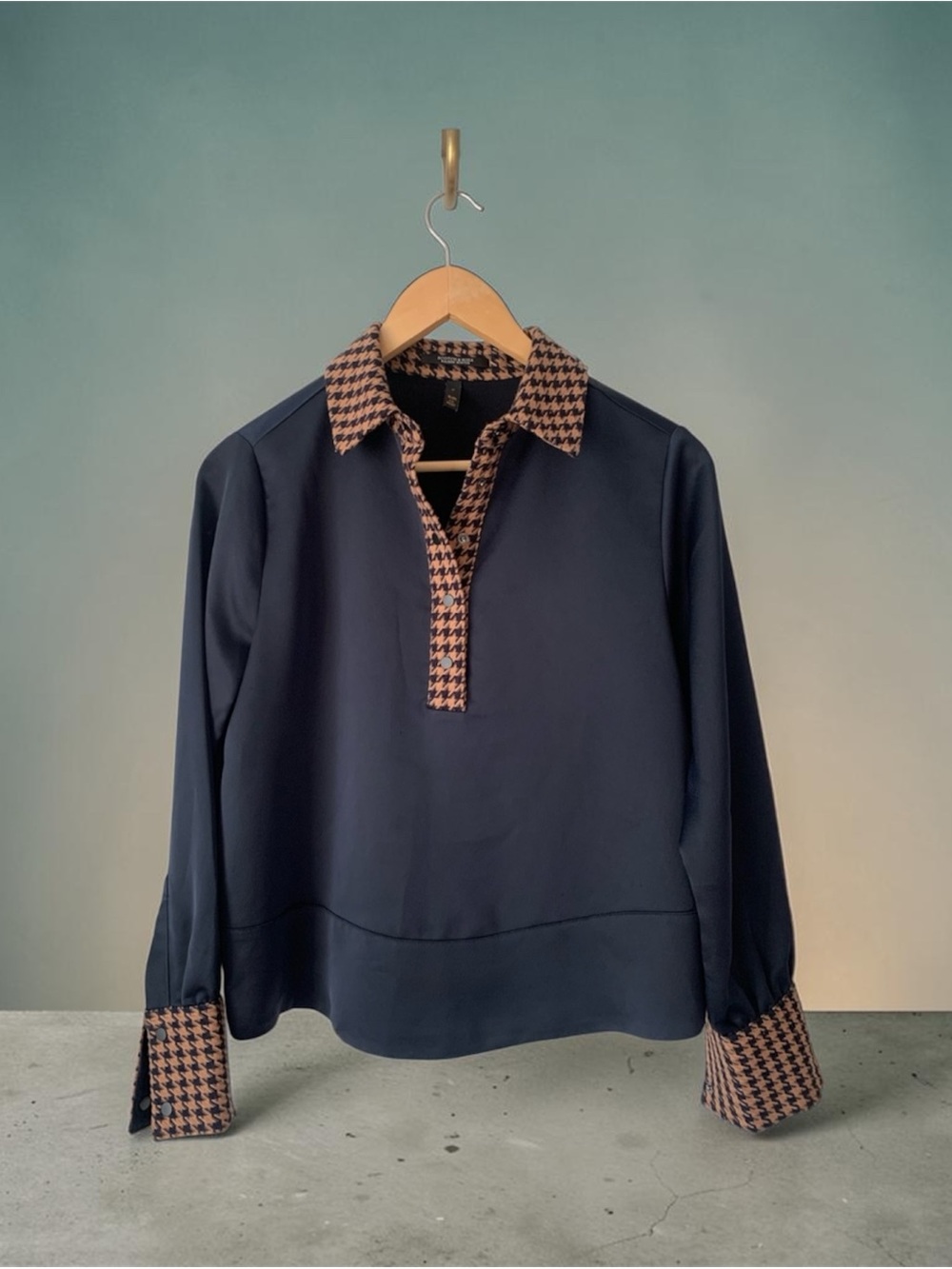 Scotch & Soda Navy Blouse with Brown Houndstooth Trim